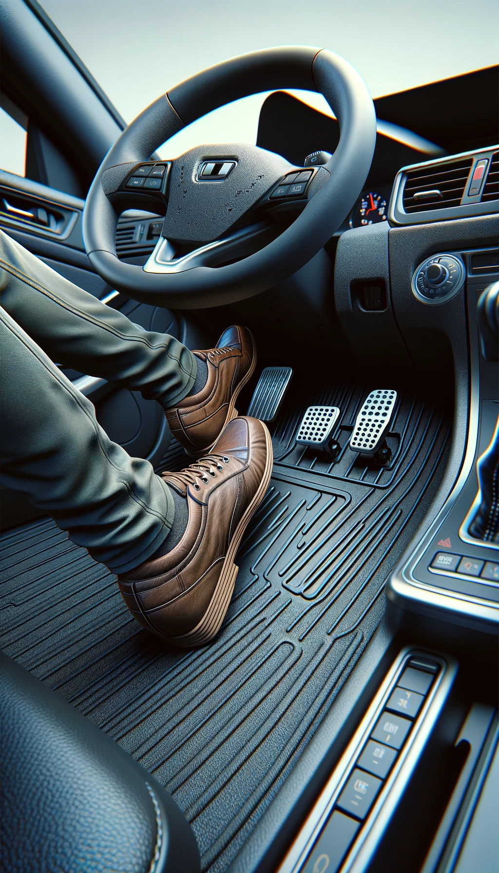 DALL·E 2024 02 12 11.04.20 A photorealistic side view portrait of a cars pedals with a steering wheel on top featuring a person wearing normal long pants and shoes. The image Fersensporn
